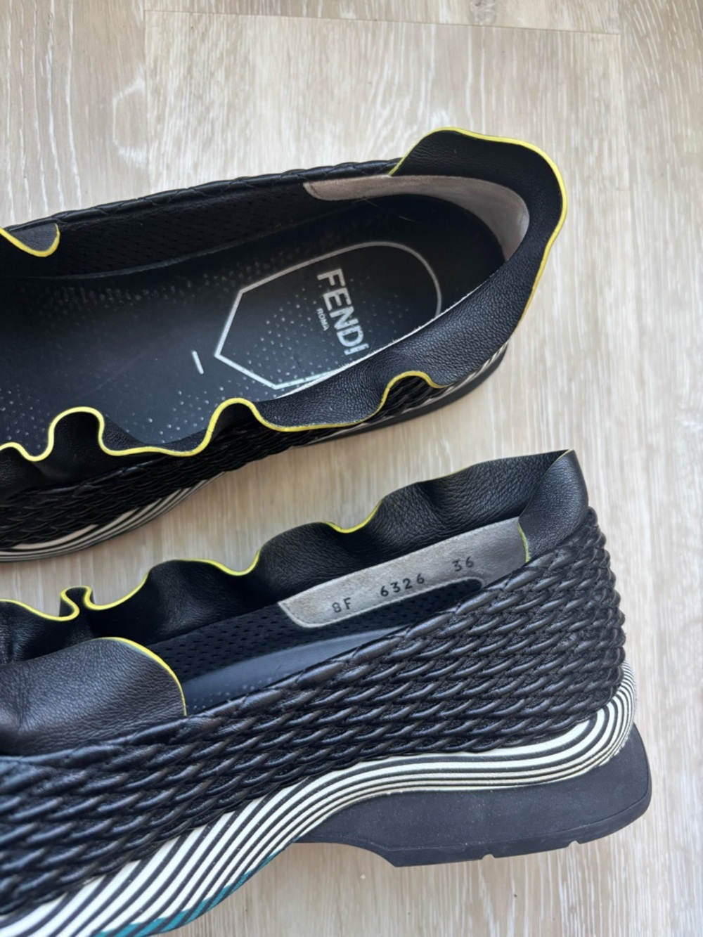 Fendi Ruffle Trim Nappa Leather Slip-On Sneakers - Black with Yellow Piping - Picture 7 of 10